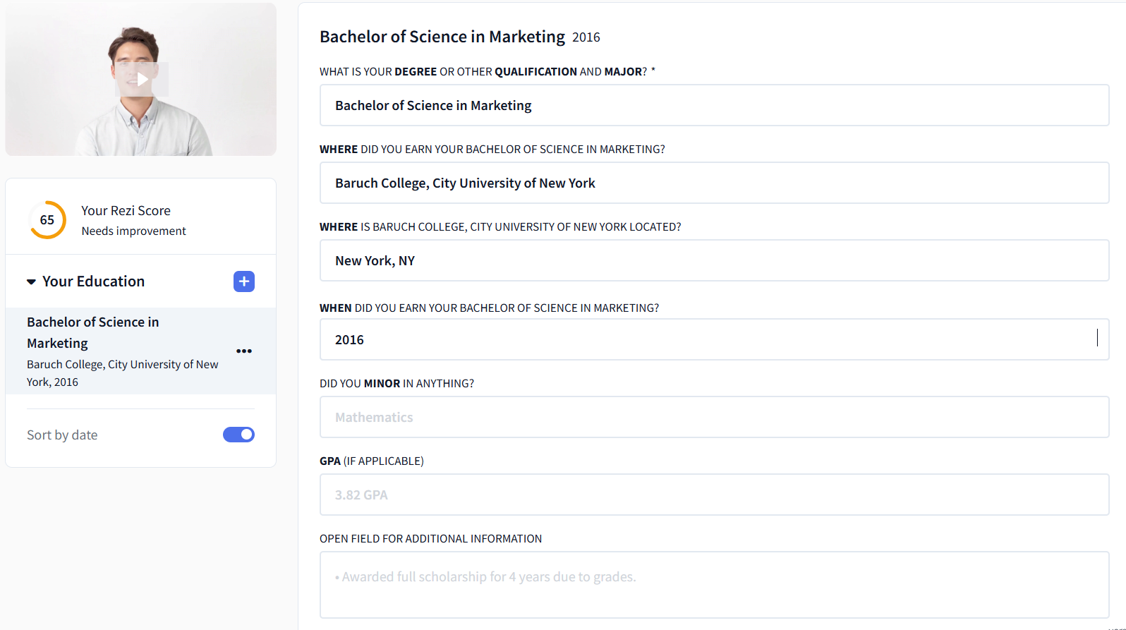 education section on rezi