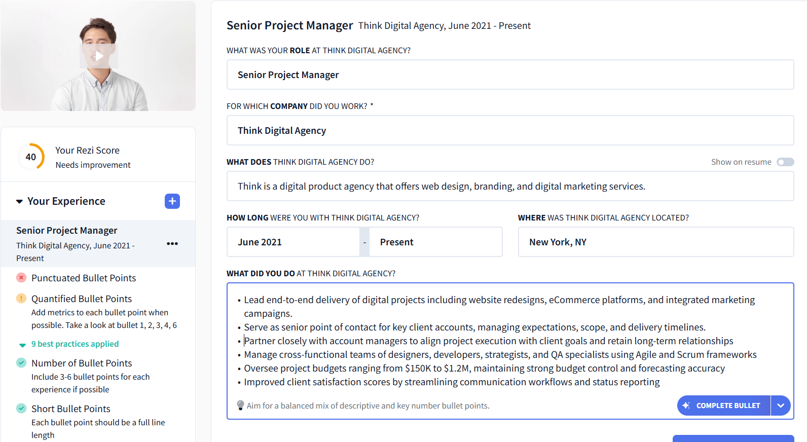 experience section with real time content analysis tool
