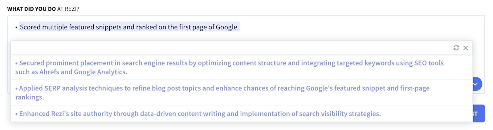 Rezi AI bullet point writer