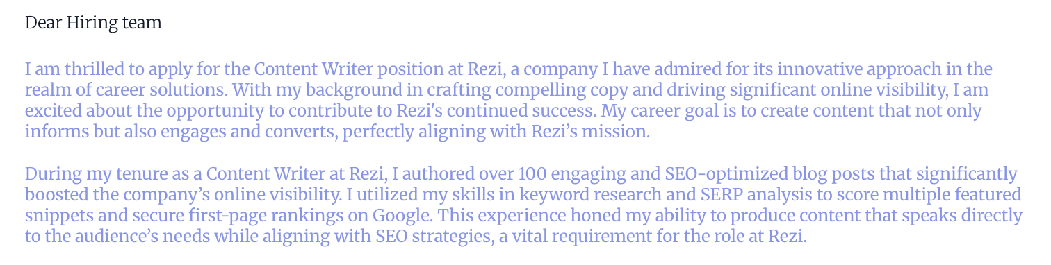 Rezi AI cover letter