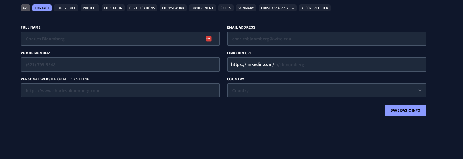 The contact section inside Rezi's resume builder