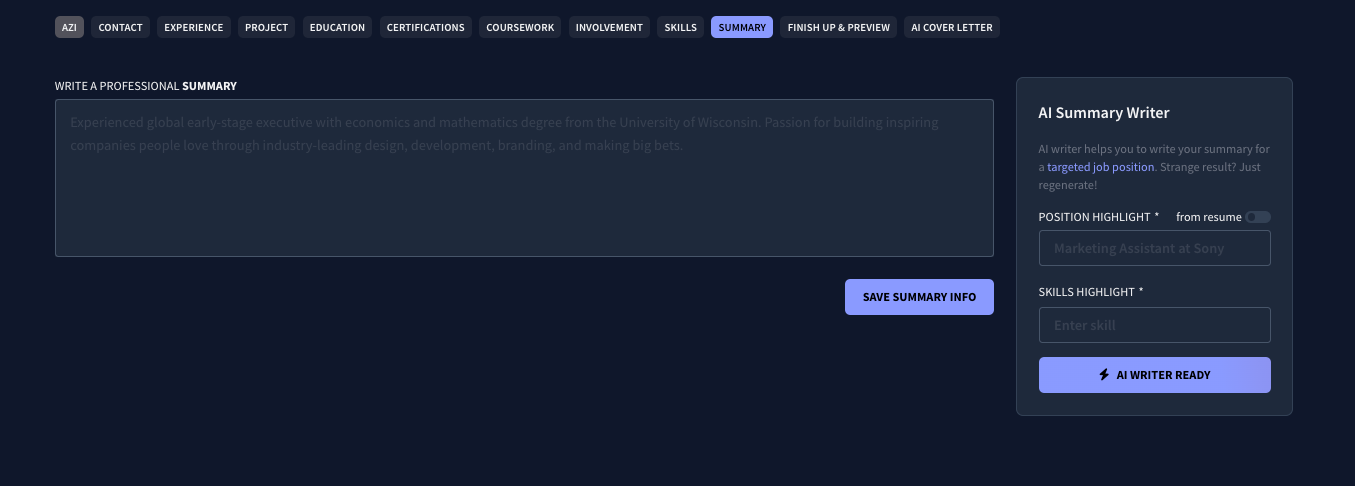 The summary section inside Rezi's resume builder