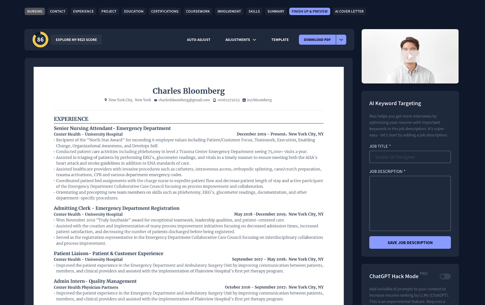 Example of what the "finish up & preview" tab looks like inside Rezi's resume builder