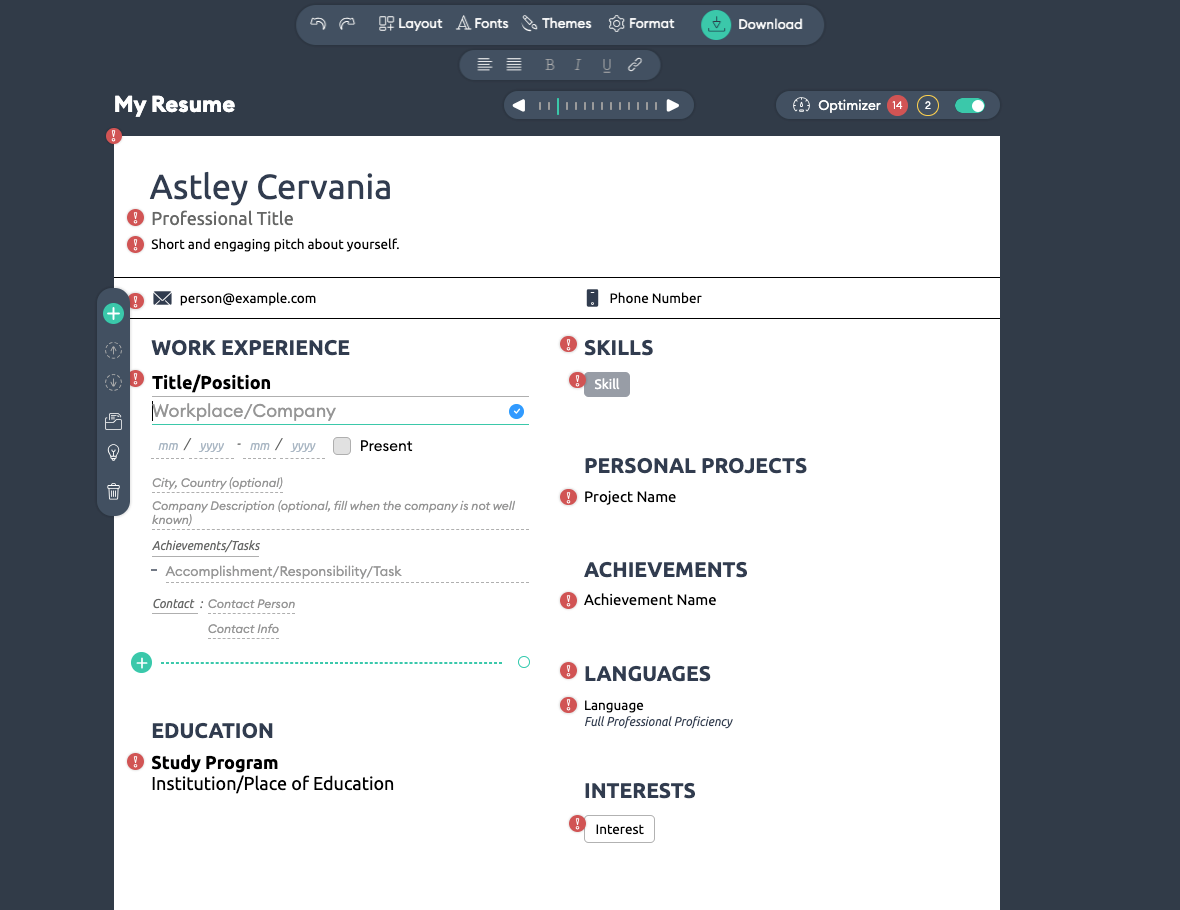 Example of the work experience section outline inside Novoresume's resume builder