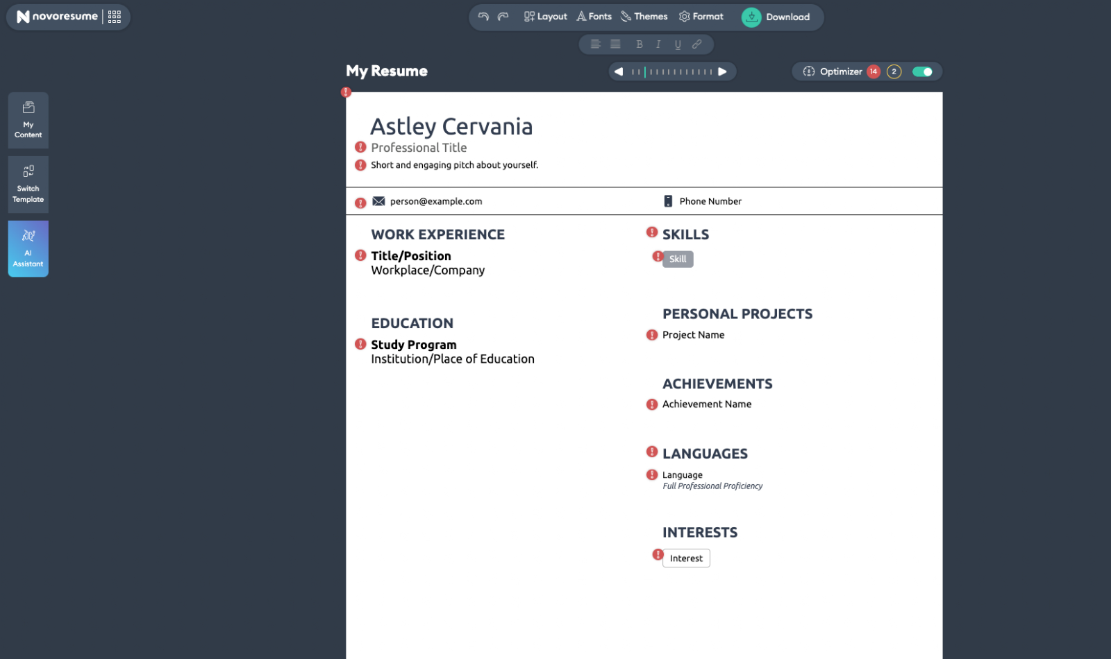 Example of what it looks like when building a resume inside Novoresume's resume builder