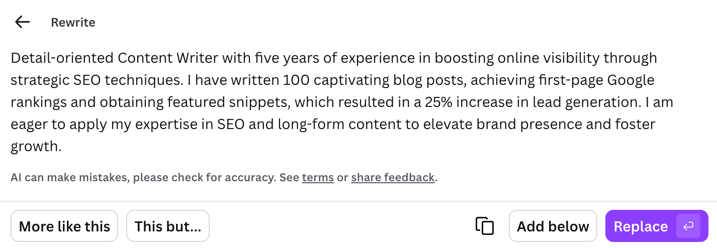 canva resume summary