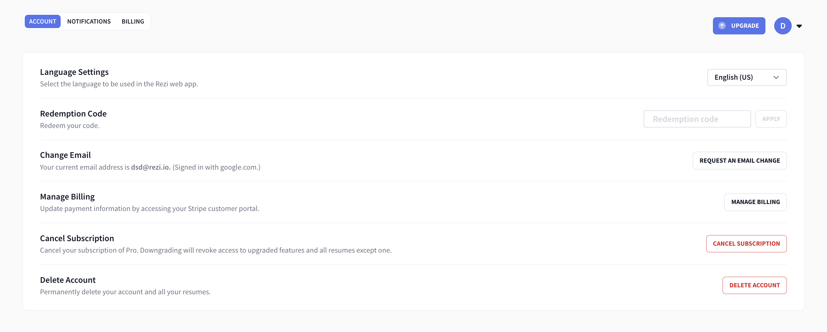 Rezi account settings
