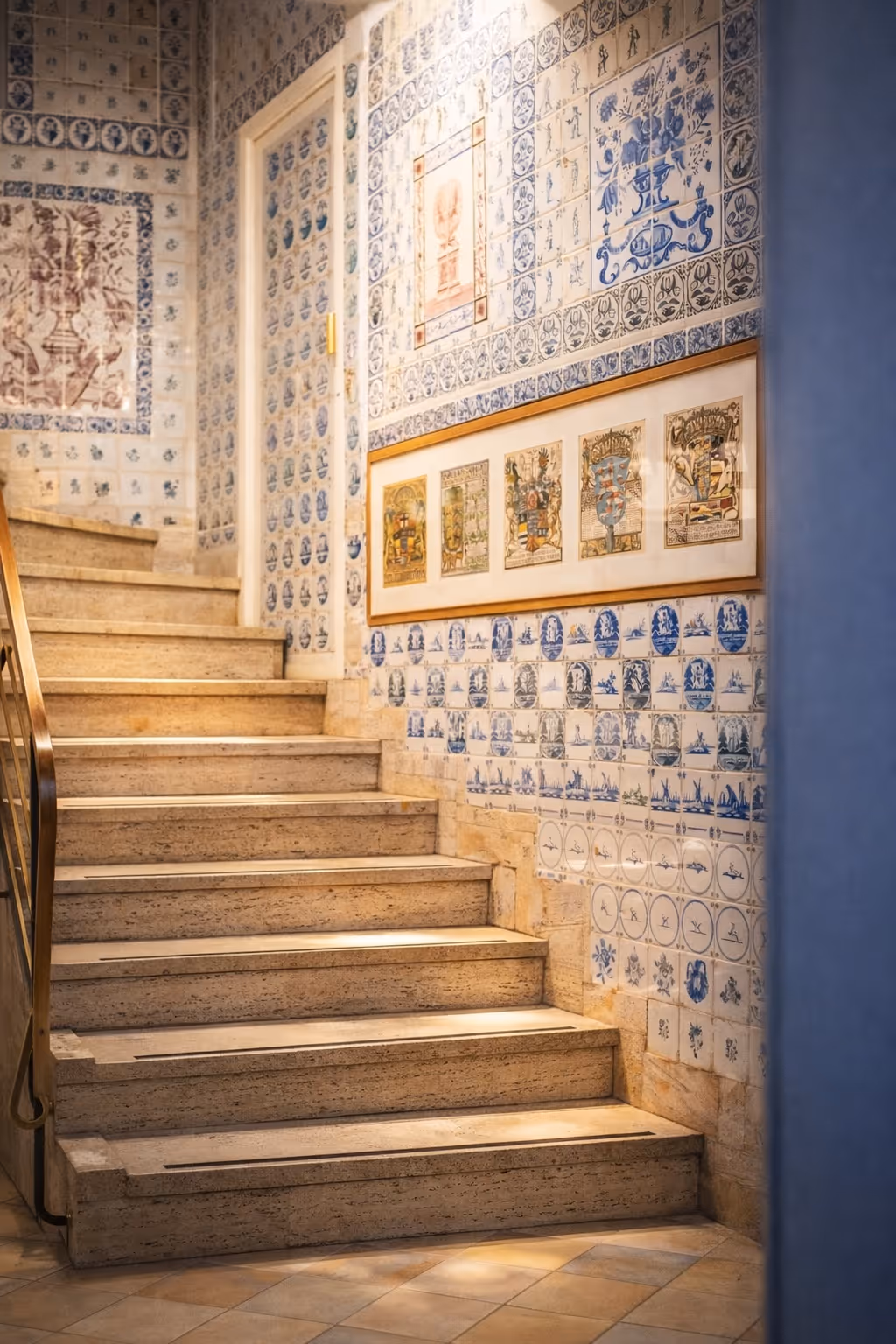 Stone staircase with a wooden handrail on the left and walls decorated with blue and white patterned tiles and framed artwork.