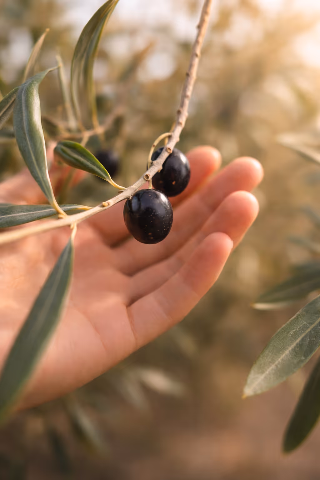 Hand gently holding a branch with two black olives and green leaves in natural sunlight.