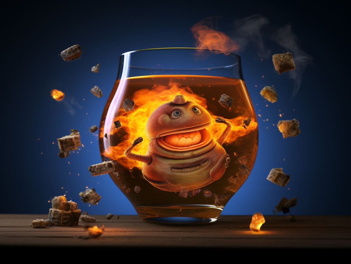 Künstlich generiertes Bild eines humorvoll gestalteten, rundlichen Roboters mit großer Zahnlücke, der in einem Glas voller brennender Flüssigkeit sitzt. Um das Glas schweben glühende Würfel und Krümel in dramatischer Flammen- und Rauchkulisse. Die Szene ist surreal, verspielt und intensiv beleuchtet – ein fantasievolles Zusammenspiel aus Technik, Feuer und Getränkekomposition.
