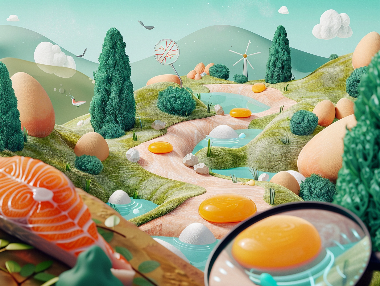 KI-generiertes, surreal wirkendes Landschaftsbild mit lebensmittelartigen Elementen: Grüne Hügel aus Textilstrukturen, Bäume aus Brokkoli-ähnlichen Formen, Flüsse mit Eidottern als Steine, und Berge, die an Eier erinnern. Im Vordergrund liegt ein Stück roher Lachs. Die Szene wirkt verspielt und träumerisch, mit surrealen Details wie einem Windrad und Wolken aus Watte.