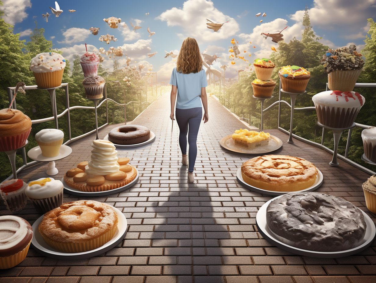 KI-generiertes Bild einer jungen Frau, die auf einem gepflasterten Weg in Richtung Sonnenuntergang geht – umgeben von einer surrealen Welt aus schwebenden Cupcakes, Torten und Süßspeisen auf Podesten. Am Himmel fliegen Vögel und Popcorn, während üppige Bäume die Szenerie säumen. Die Szene verbindet Natur mit einer fantasievollen Dessertwelt.