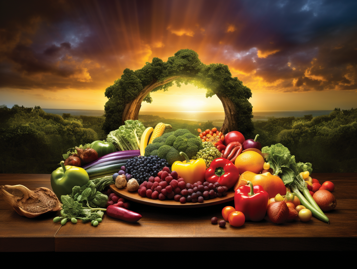 KI-generiertes Bild eines reich gedeckten Holztisches mit frischem Obst und Gemüse – darunter Paprika, Beeren, Brokkoli, Tomaten, Zwiebeln und Zitrusfrüchte. Im Hintergrund ein fantasievoller Baum, der einen natürlichen Torbogen bildet, durch den die Sonne malerisch untergeht. Symbolische Darstellung von Natur, Gesundheit und pflanzenbasierter Ernährung.