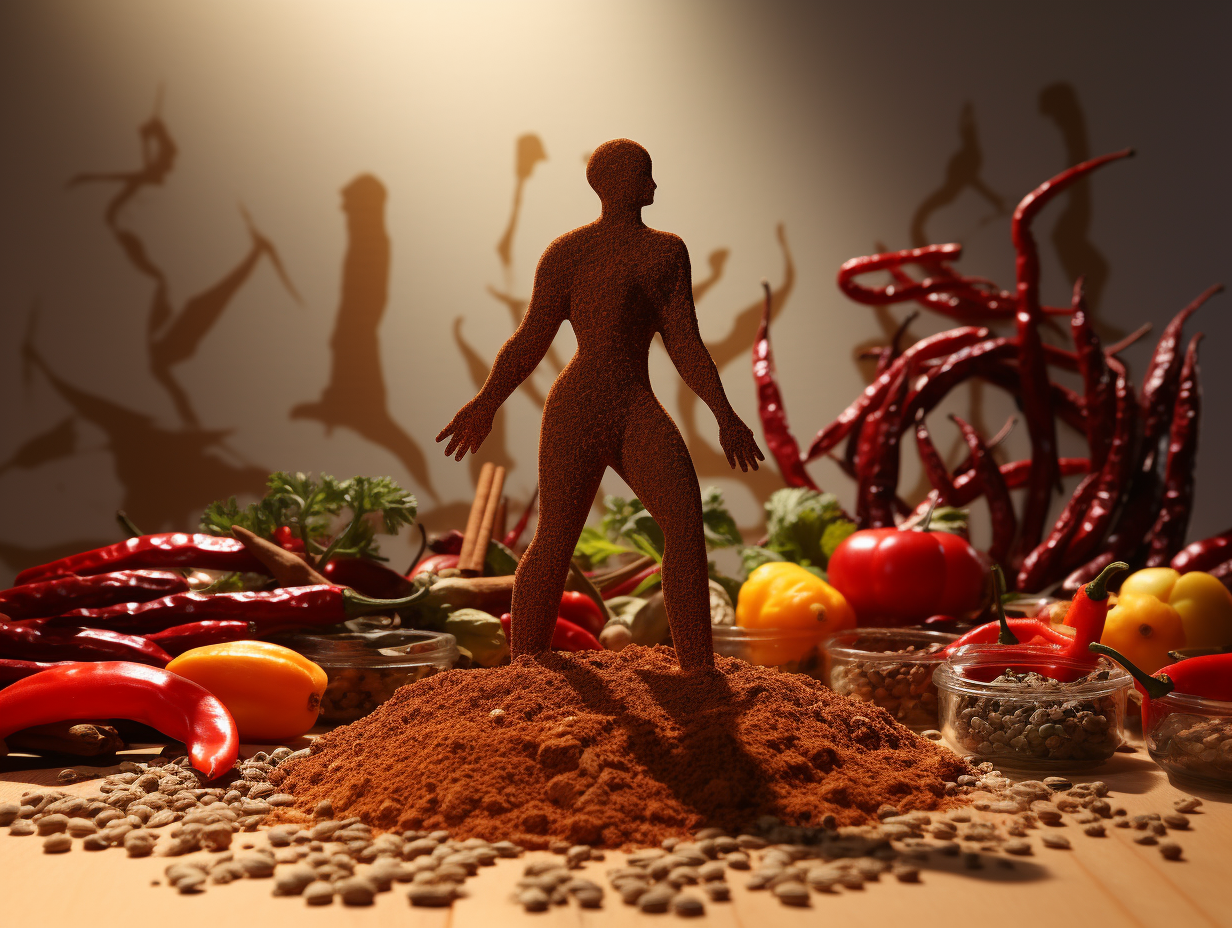 KI-generiertes Bild einer menschlichen Figur aus Gewürzpulver, die auf einem Haufen Paprikapulver steht. Umgeben ist sie von Chilischoten, Gewürzen, Linsen, Kräutern und Gemüse. Im Hintergrund werfen scharfe Schatten tanzende Silhouetten an die Wand – eine künstlerische Darstellung der Verbindung zwischen Ernährung, Gewürzen und dem menschlichen Körper.