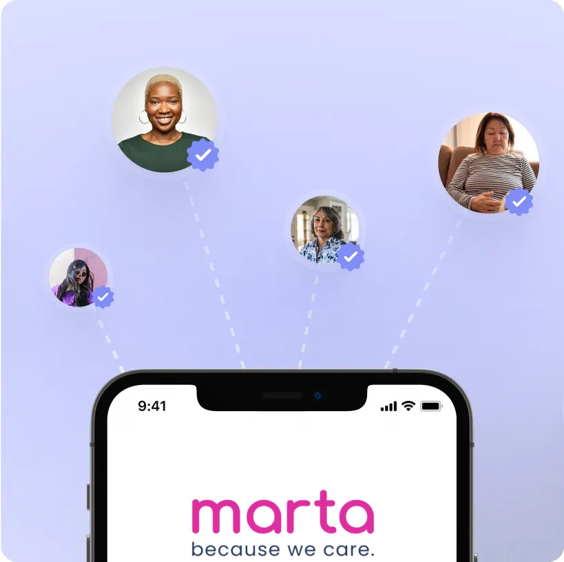 A graphic of verified caregivers connected to the marta mobile app