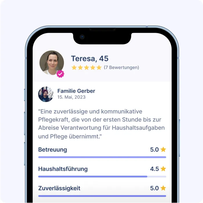 ein Handy-Mockup der Marta-App, das die Bewertungen einer Betreuungskraft zeigt