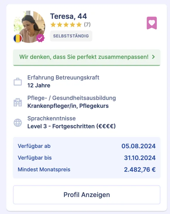 Profil der Betreuungskraft auf marta App