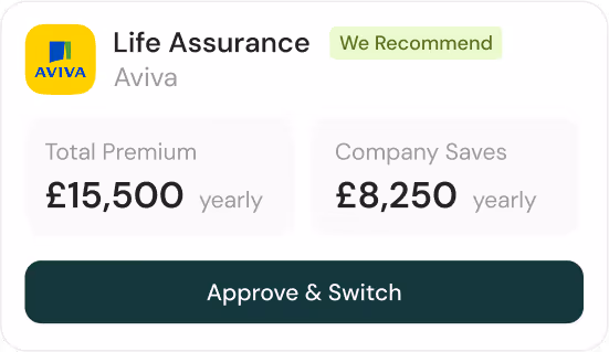 Life Assurance from Aviva recommended with total premium £15,500 yearly and company saves £8,250 yearly, with an Approve & Switch button.