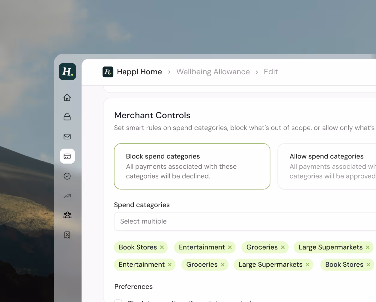 User interface screen showing Merchant Controls with options to block or allow spend categories such as Book Stores, Entertainment, Groceries, and Large Supermarkets.