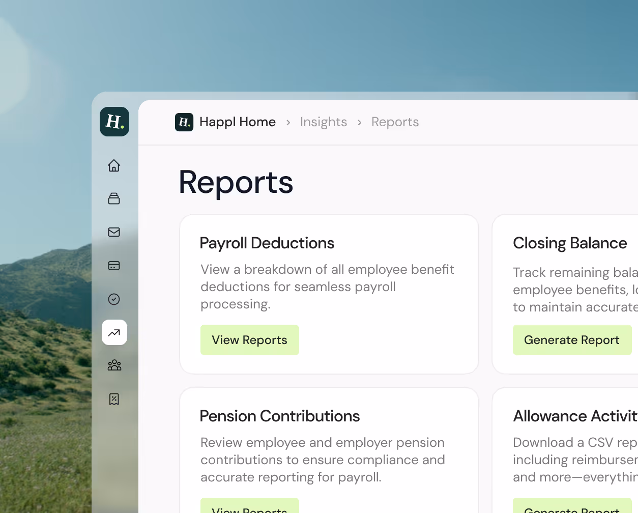 Dashboard screen titled Reports with sections for Payroll Deductions, Closing Balance, Pension Contributions, and Allowance Activity, each featuring brief descriptions and buttons to view or generate reports.