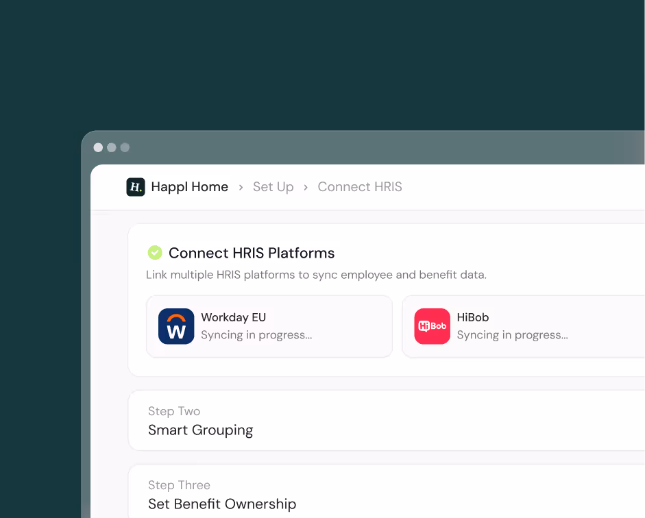 Happl user interface showing 'Connect HRIS Platforms' section with Workday EU and HiBob syncing in progress, followed by steps for Smart Grouping and Set Benefit Ownership.