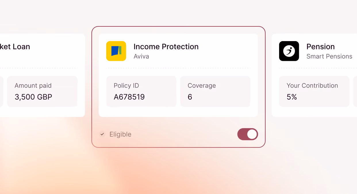 Digital card for Aviva Income Protection insurance showing Policy ID A678519, Coverage 6, marked eligible with a toggle switch turned on.