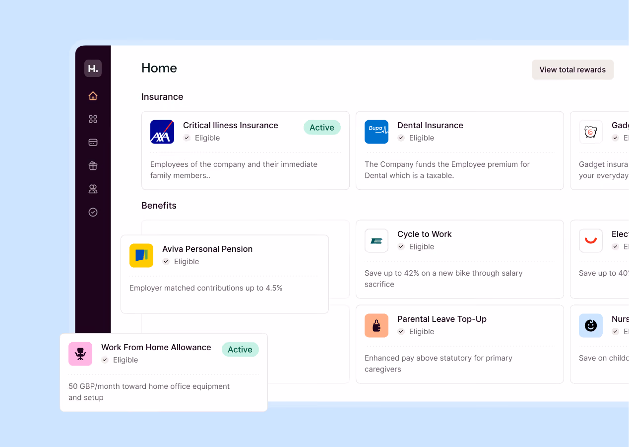 Dashboard interface showing employee benefits and insurance options including Critical Illness Insurance marked active, Dental Insurance, Gadget Insurance, Aviva Personal Pension, Cycle to Work, Electric Vehicle Scheme, Work From Home Allowance marked active, Parental Leave Top-Up, and Nursery Vouchers, with eligibility status and brief descriptions for each.