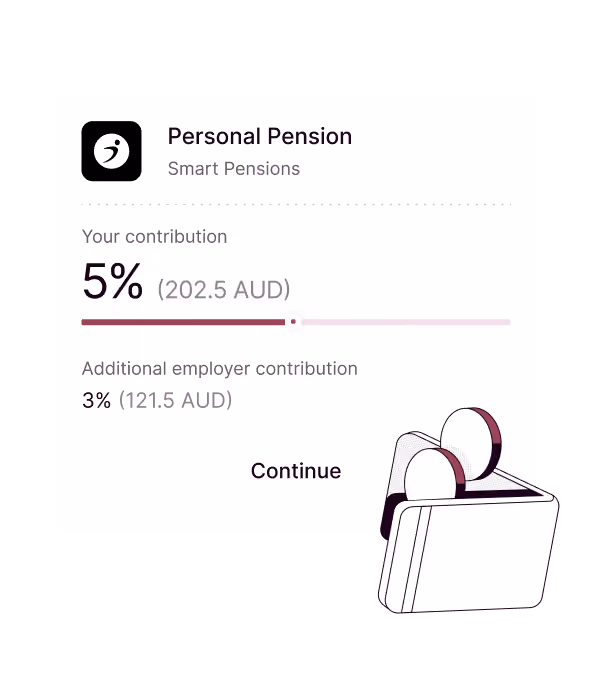 Personal Pension Smart Pensions card showing contribution details with a slider set at 5 percent equal to 202.5 AUD, additional employer contribution at 3 percent equal to 121.5 AUD, and a Continue button beneath, accompanied by an illustration of a wallet with coins.
