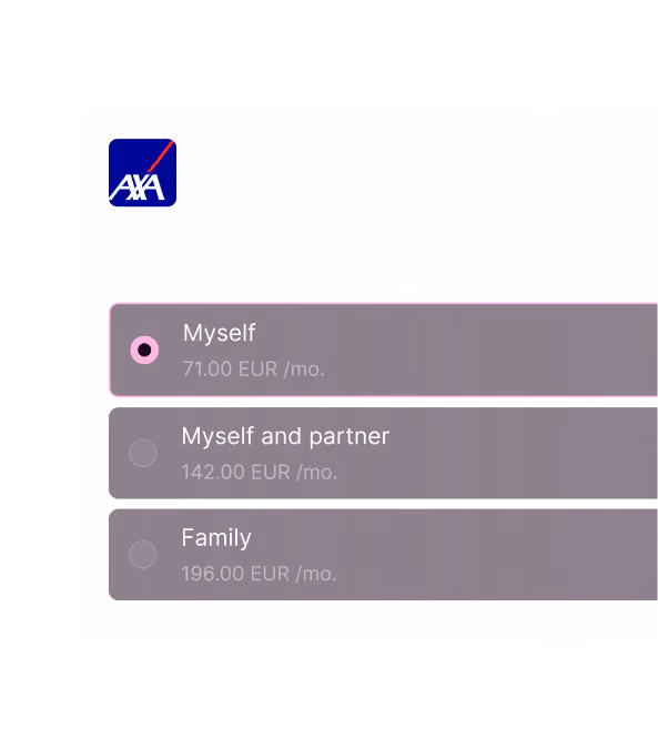 AXA logo above three insurance plan options with monthly prices: Myself at 71.00 EUR, Myself and partner at 142.00 EUR, and Family at 196.00 EUR, with 'Myself' selected.