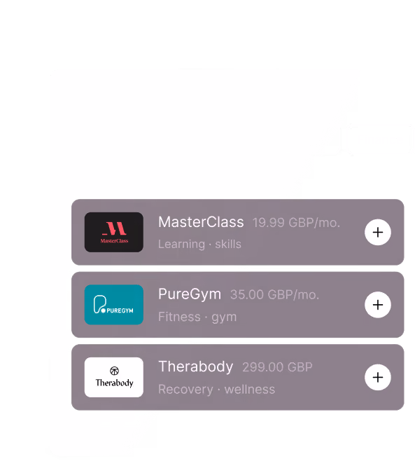 Marketplace card listing three subscription services with prices: MasterClass for 19.99 GBP per month offering learning and skills; PureGym for 35.00 GBP per month offering fitness and gym; Therabody for 299.00 GBP offering recovery and wellness, each with logos and a plus sign button on the right.