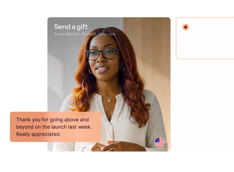 A woman with glasses and long red hair stands smiling, wearing a white blouse and a necklace, with the text 'Send a gift, Sarah Mitchell · Product · New York' above her; a note nearby reads: 'Thank you for going above and beyond on the launch last week. Really appreciated.' A small American flag icon is visible on the bottom right of the photo.