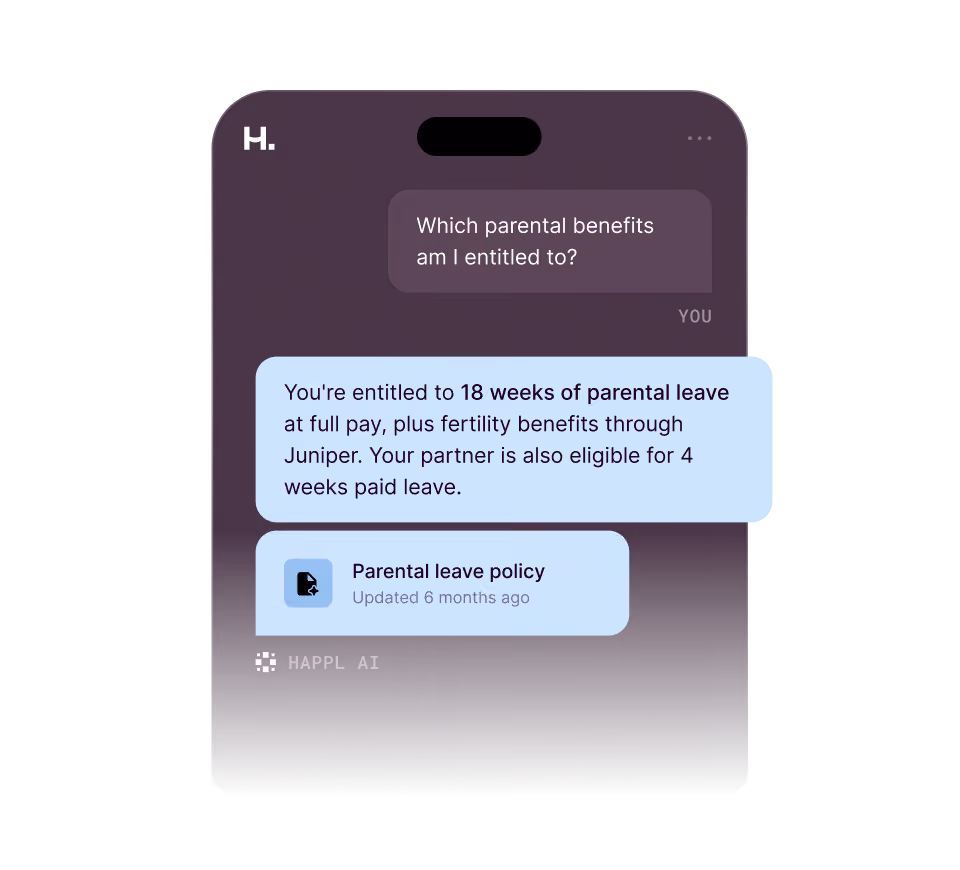 Chat screen showing a user asking about parental benefits and AI replying that the user is entitled to 18 weeks of parental leave at full pay plus fertility benefits through Juniper, and their partner is eligible for 4 weeks paid leave, along with a link to the parental leave policy updated 6 months ago.