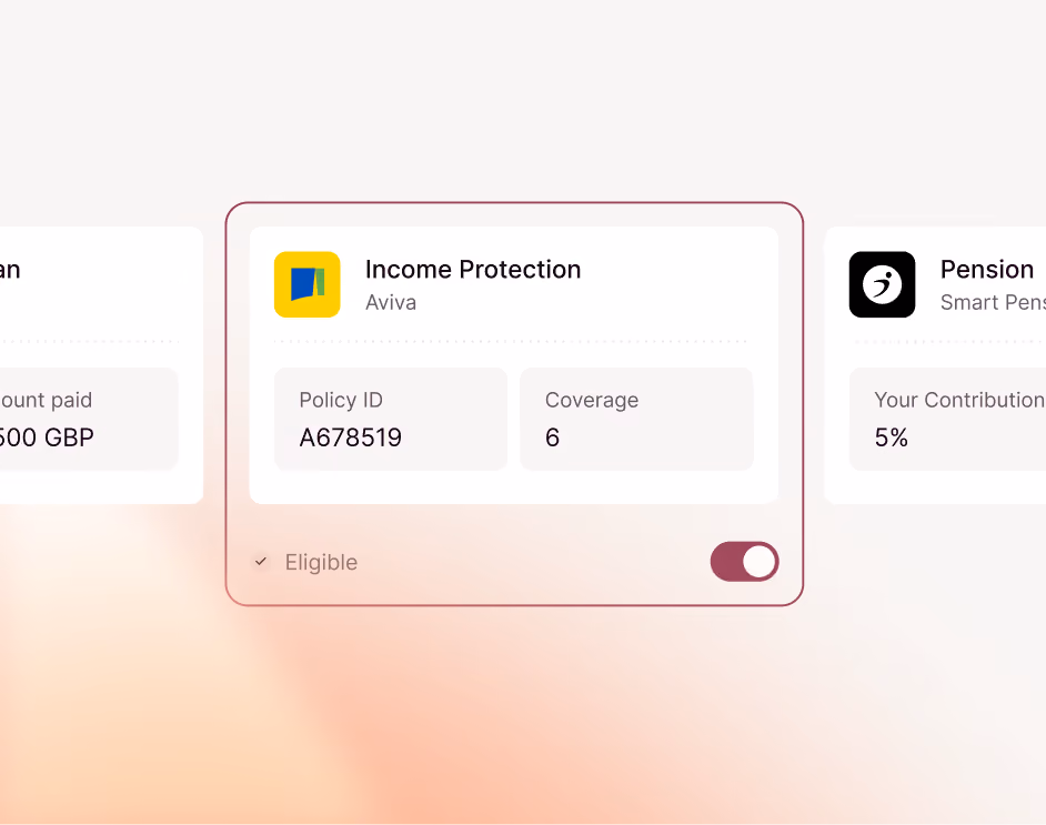 Insurance coverage card titled Income Protection by Aviva with Policy ID A678519 and Coverage 6, showing an eligible status with a toggle switch turned on.