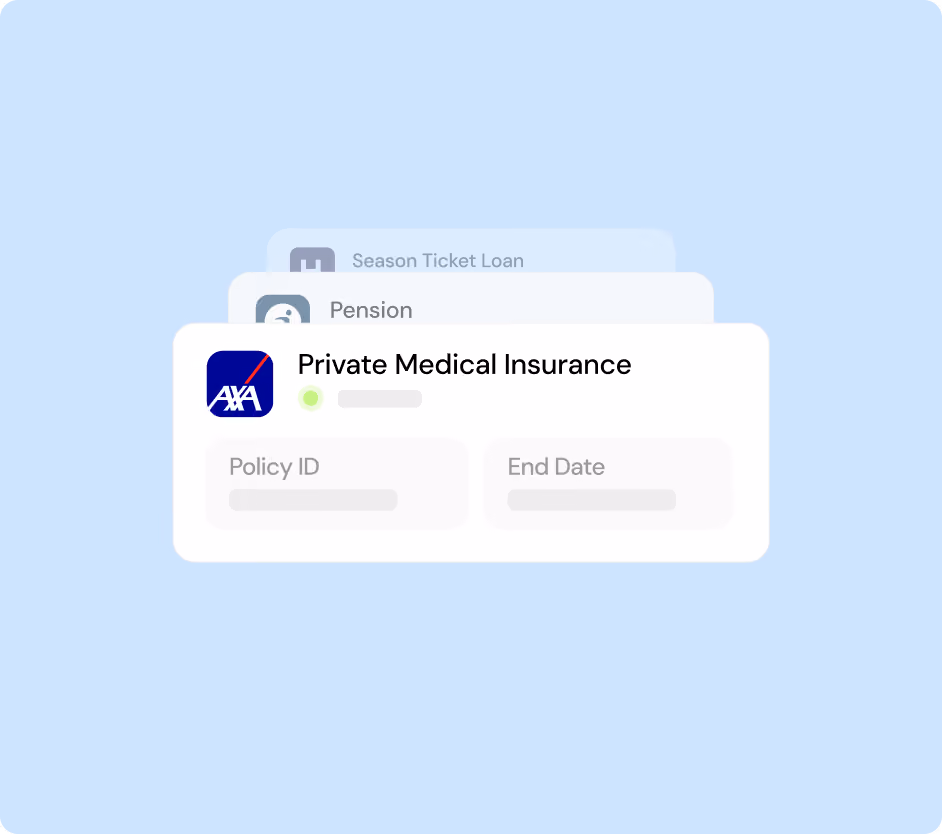Digital insurance card interface for Private Medical Insurance featuring the AXA logo, status indicator, and sections labeled Policy ID and End Date on a light blue background with blurred cards for Pension and Season Ticket Loan behind.