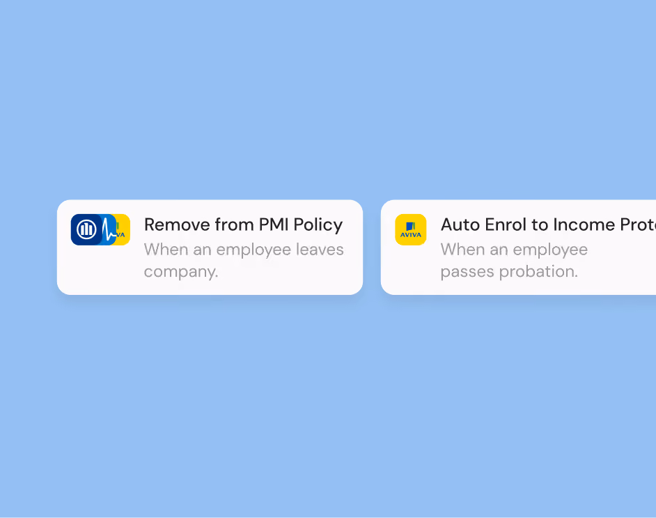 Two policy cards on a blue background: one card shows icons for policies with text 'Remove from PMI Policy when an employee leaves company.' The second card shows Aviva icon and text 'Auto Enrol to Income Protection when an employee passes probation.'