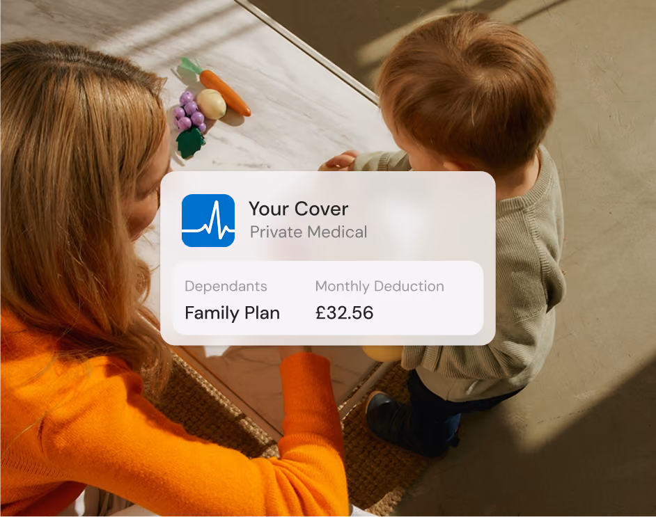 Top view of a woman and a small child sitting at a table playing with toy vegetables, overlaid with a graphic showing a private medical cover plan with Family Plan dependents and a monthly deduction of £32.56.