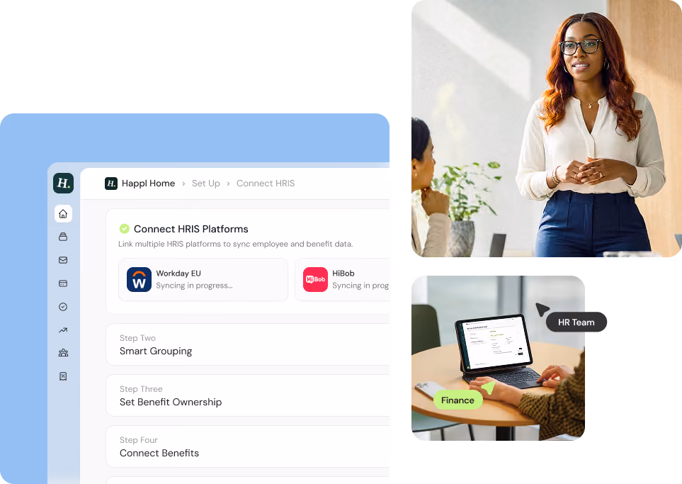 A digital interface showing steps to connect HRIS platforms including Workday EU and HiBob syncing, smart grouping, setting benefit ownership, and connecting benefits on the left; a woman in business attire speaking in a well-lit room on the top right; and a small inset of a person using a tablet at a round table with labels 'HR Team' and 'Finance' on the bottom right.