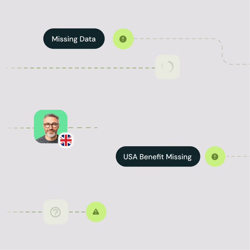 Graphic with light gray background showing dialogue bubbles labeled 'Missing Data' and 'USA Benefit Missing' connected by dashed lines to various green alert icons and a smiling man with gray hair and glasses alongside a British flag icon.