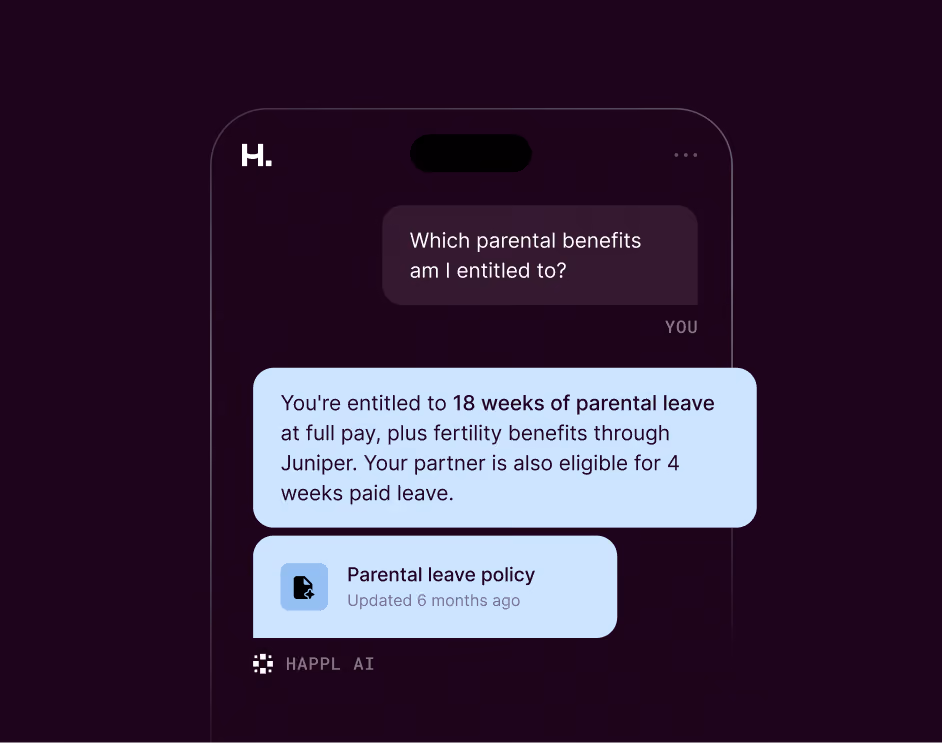 Chat interface on a mobile screen showing a question 'Which parental benefits am I entitled to?' The reply states entitlement to 18 weeks of parental leave at full pay plus fertility benefits through Juniper, and that the partner is eligible for 4 weeks paid leave. A link titled 'Parental leave policy' updated 6 months ago is shown below the reply, with a small document icon. The chat interface is branded with 'H.' at the top left and 'HAPPL AI' at the bottom.