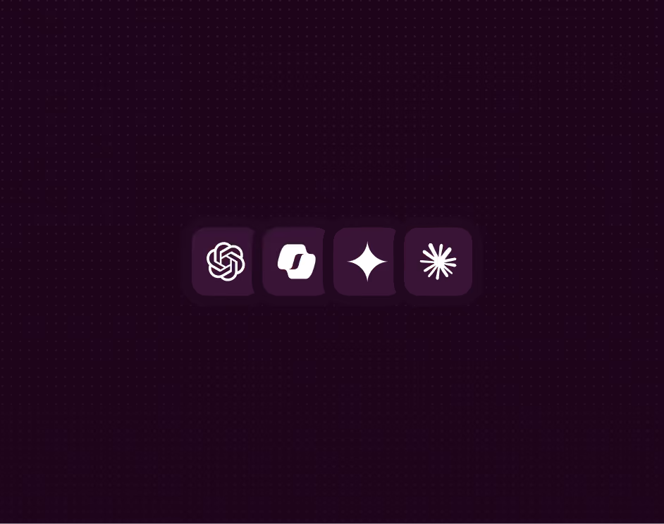 Four white icons representing AI models or tools arranged horizontally on a dark purple dotted background.