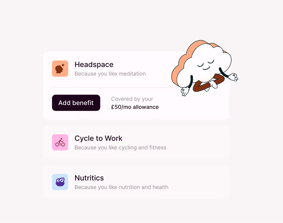 List of three benefit options with icons and descriptions: Headspace with a meditation cloud character and a 'Add benefit' button showing a £50/mo allowance, Cycle to Work for cycling and fitness, and Nutritics for nutrition and health.