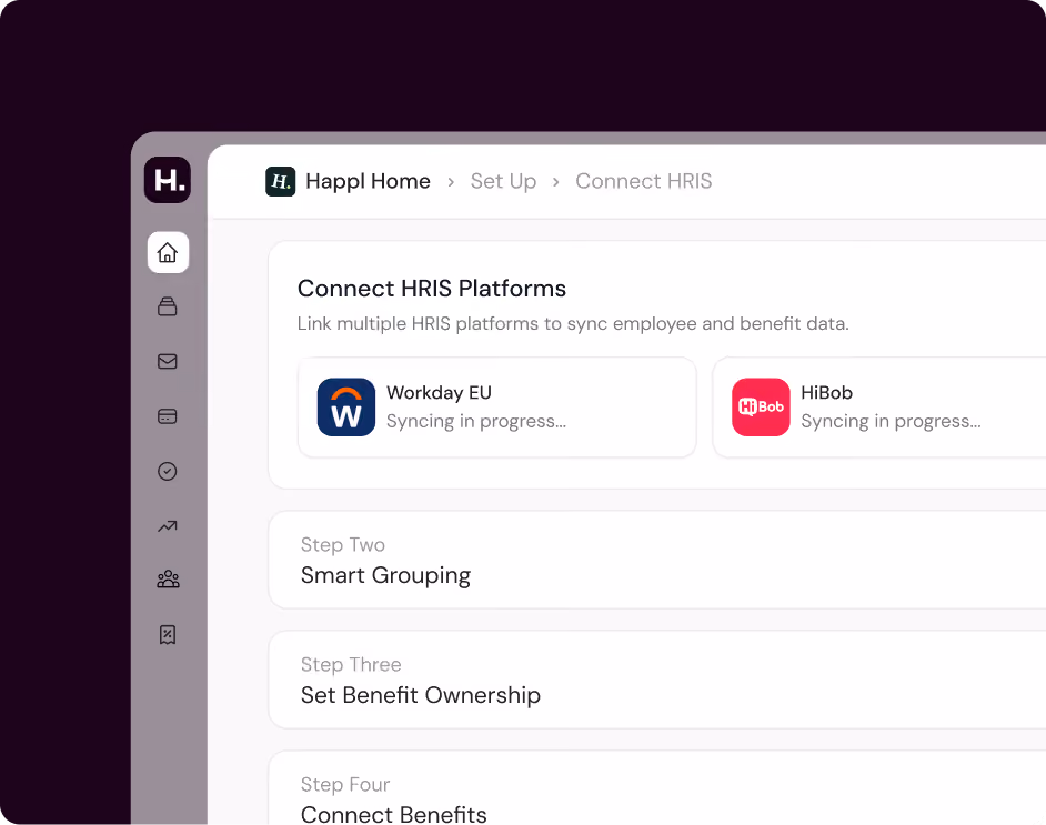 Screenshot of a software interface titled 'Connect HRIS Platforms' on Happl Home, showing syncing in progress for Workday EU and HiBob platforms, with steps for smart grouping, setting benefit ownership, and connecting benefits listed below.