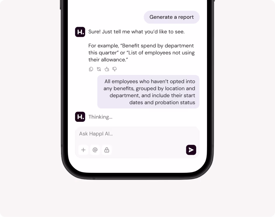 Smartphone screen showing a chat interface where a user requests to generate a report and the AI assistant responds with examples and asks for details, then starts processing.