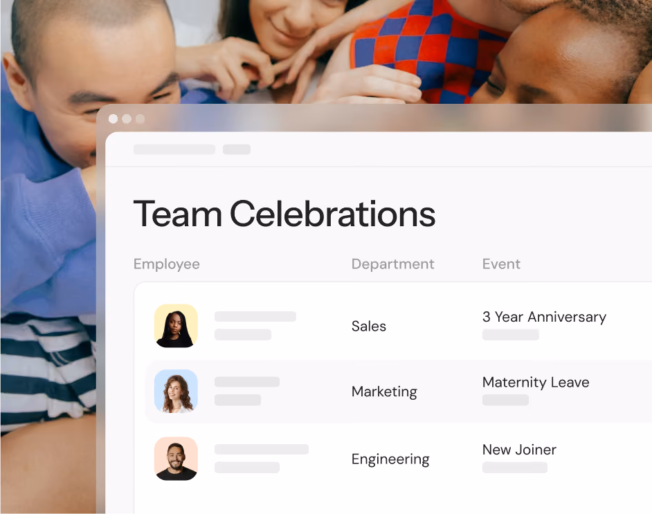 Screenshot of a digital interface titled 'Team Celebrations' showing a list of employees with their department and event: Sales with 3 Year Anniversary, Marketing with Maternity Leave, and Engineering with New Joiner, with a blurred background of diverse people smiling and celebrating.