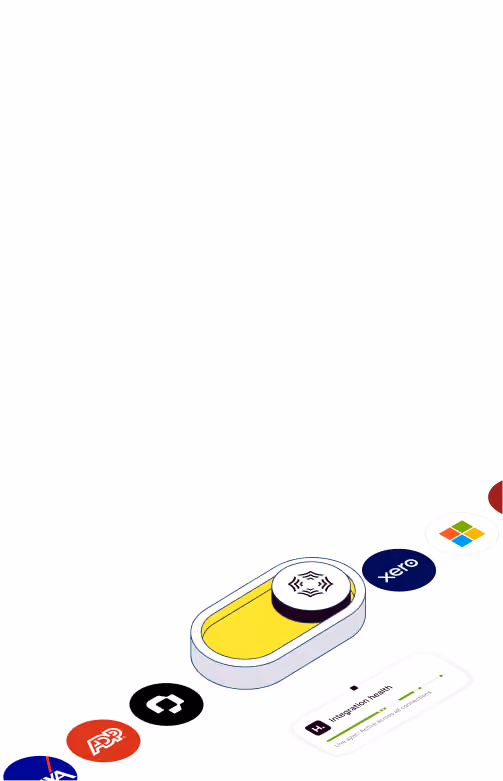 Illustration of a pill container filled with yellow liquid and a white pill on top, surrounded by circular logos including Xero, Microsoft, and others, alongside an app-like interface showing an 'integration health' status bar with 'Live sync status across 42 connections'.