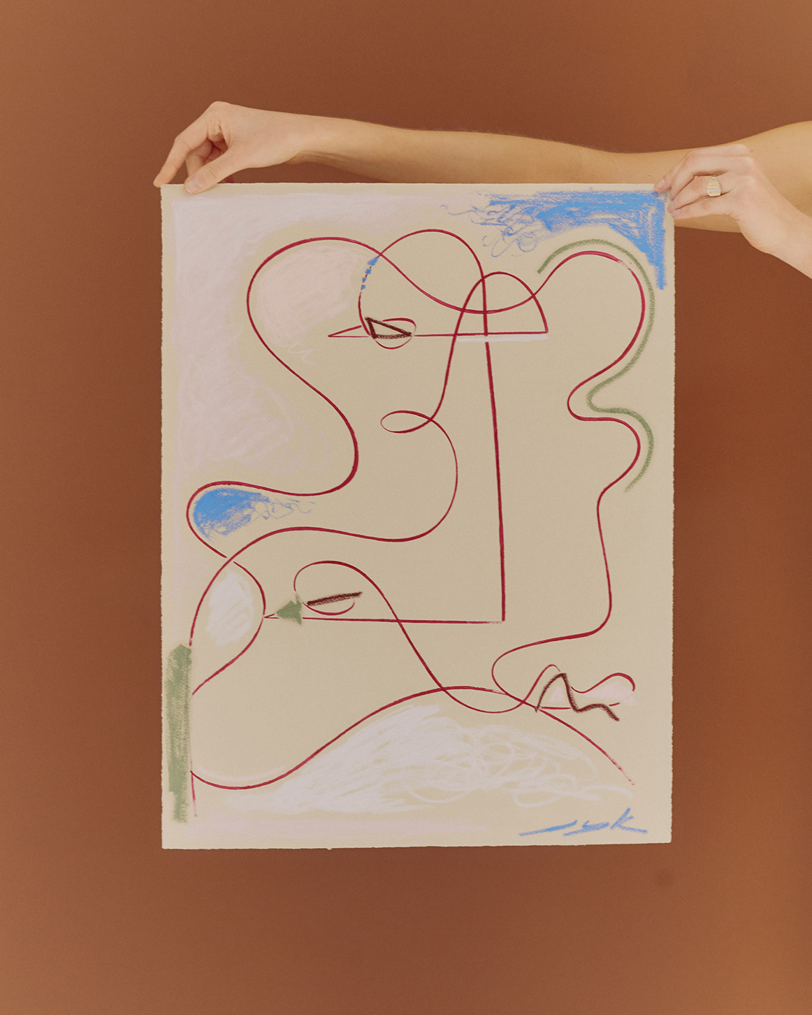 <p><strong>Materials: </strong>Acrylic and oil pastel on delicate 48 x 62cm sage coloured paper with a deckled edge.</p> <p><strong>Artwork Type:</strong> One-of-a-kind original</p> <p><strong>Shipping:</strong> Available worldwide (details below)</p> <p><strong>Some artworks from the Studio Sale may have subtle imperfections. Prices have been reduced by 30% to account for this.</italic></p>