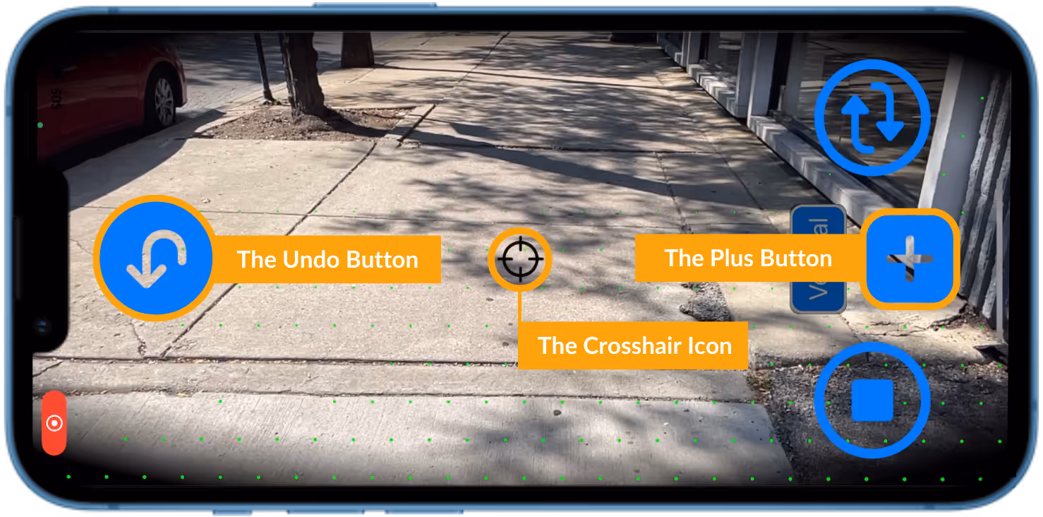 A screenshot of DeepWalk's mobile app highlighting the plus button, undo button, and crosshair icon in yellow borders and labels.