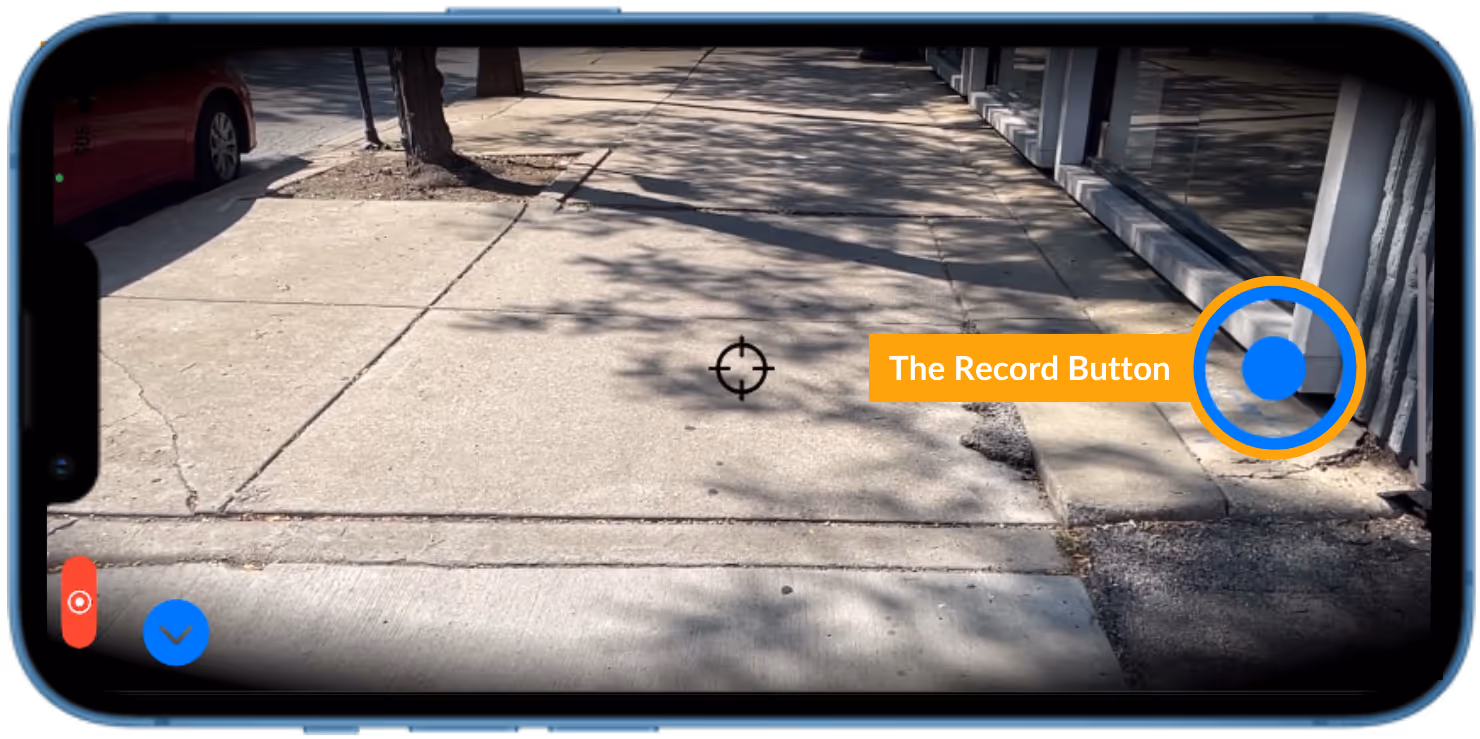 Horizontal iPhone showing a screenshot the scanning screen of DeepWalk's mobile app. The blue record button located on the right of the screen is highlighted by a yellow border and label.