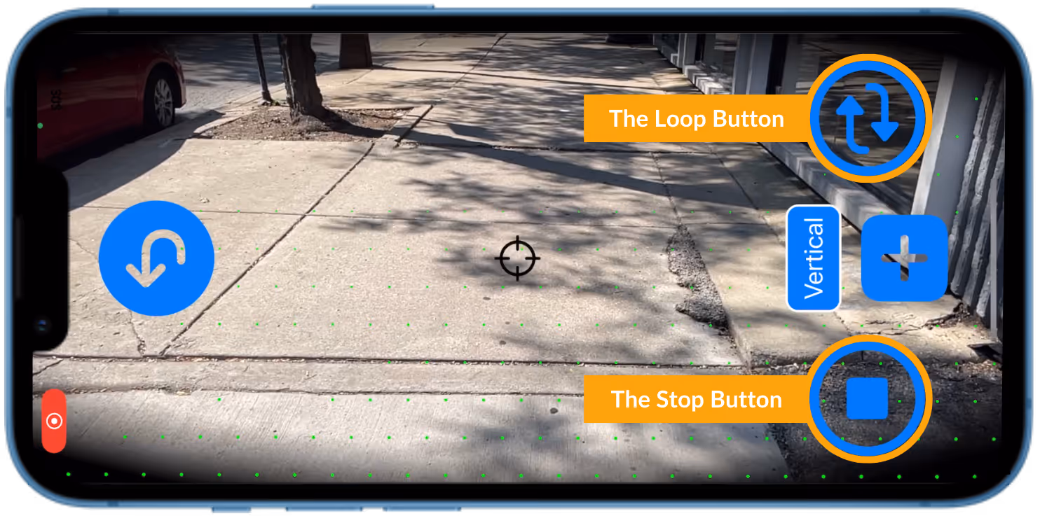 Horizontal iPhone with a screenshot of the scanning screen in DeepWalk's mobile app. The blue loop button is located on the top right of the screen and is highlighted by a yellow border and label. The stop button is located on the bottom right of the screen and is highlighted in the same way.