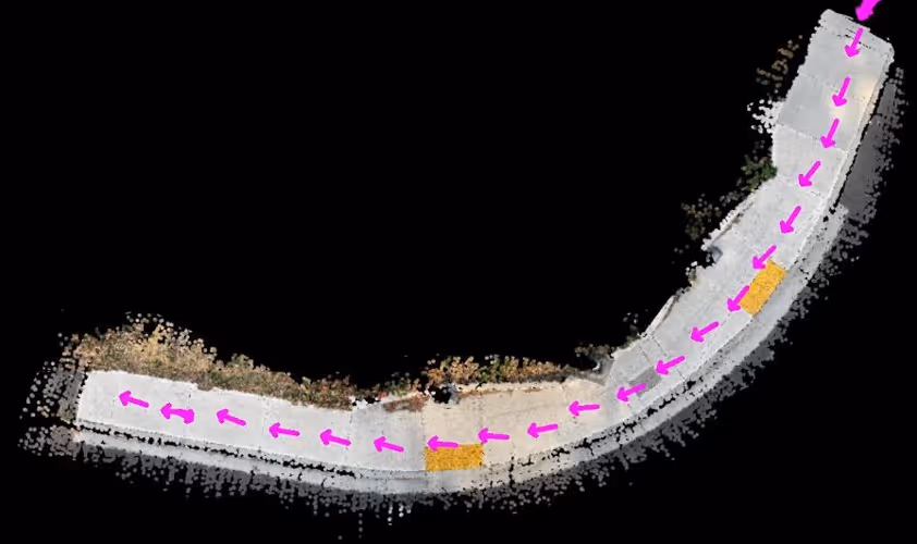 Top view of a parallel curb ramp scan with pink arrows from the right to the left of the sidewalk marking the path of travel the data collector took